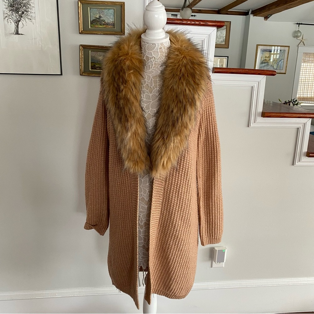 LILLY PULITZER Adelaine Heathered Tiki Hut Metallic Faux Fur Cardigan M $278
